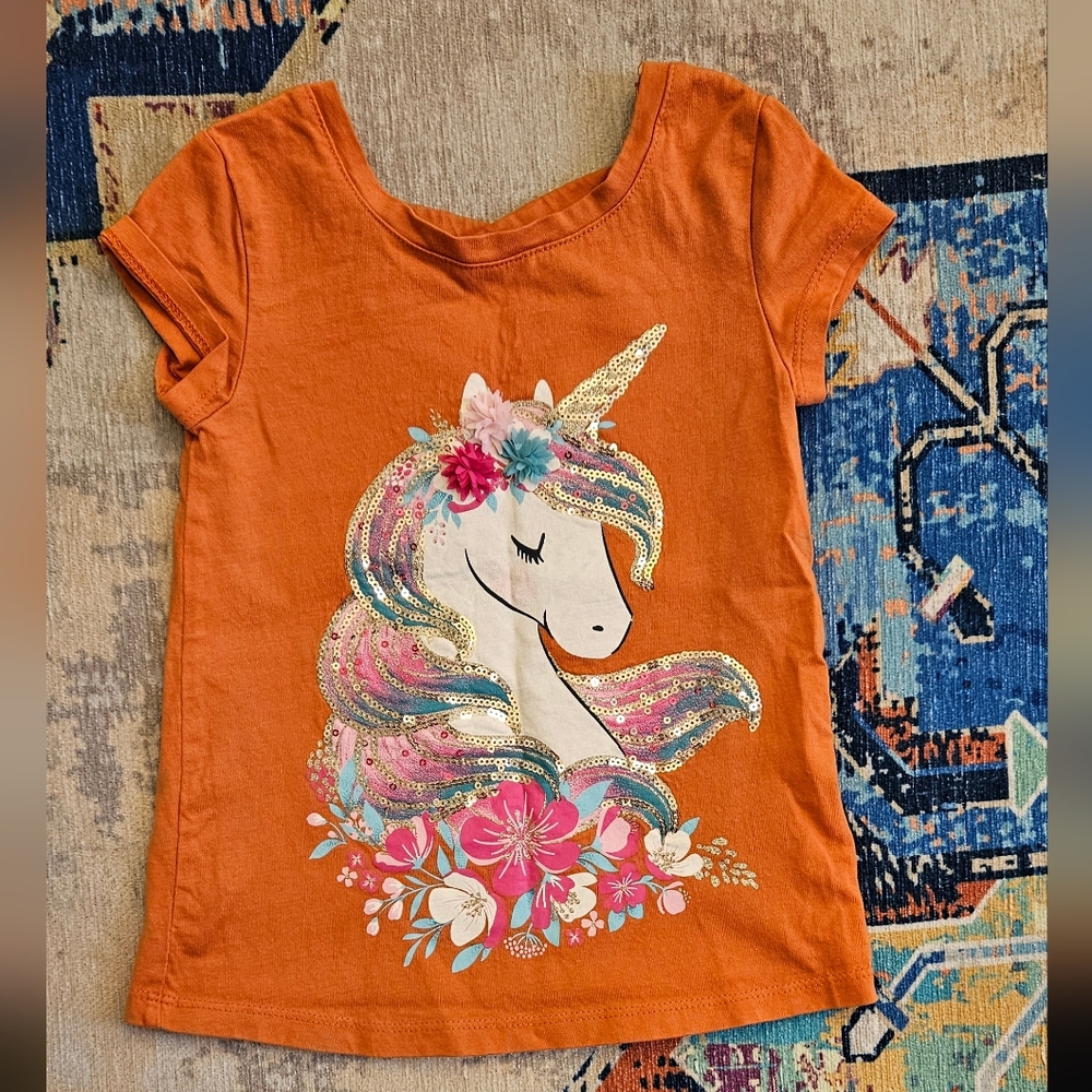 😇 4 for $20, orange unicorn glittery shirt, 4T